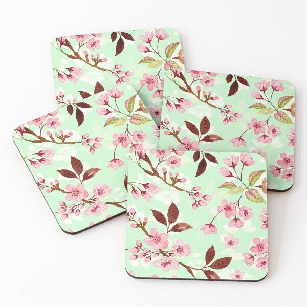 Item preview, Pink Watercolor Cherry Blossoms Pattern (Mint Background) designed and sold by andrebalest.art.