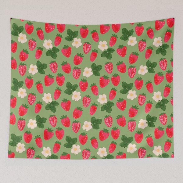 Item preview, Strawberry fields on asparagus green background designed and sold by Blooming June Design.