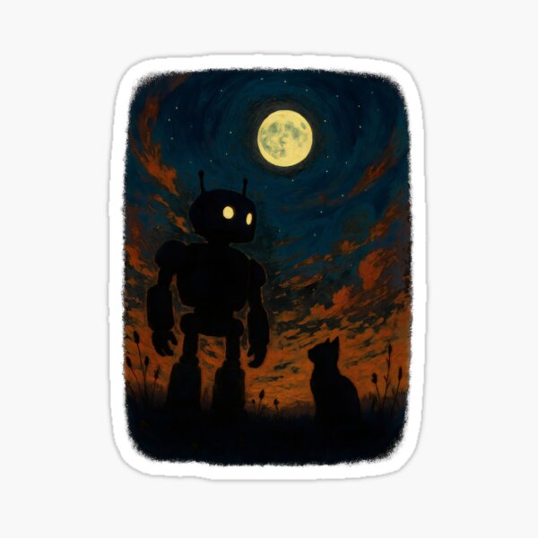 Item preview, Robot & Cat. Whimsical futuristic moonlit illustration. designed and sold by Shoot-The-Moon.