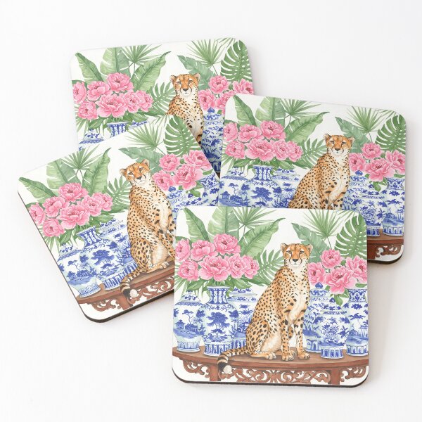 Item preview, Watercolor Cheetah with Blue Porcelain Vases and Floral designed and sold by svarupa.