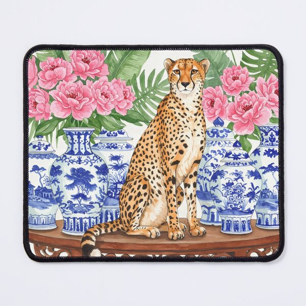 Item preview, Watercolor Cheetah with Blue Porcelain Vases and Floral designed and sold by svarupa.