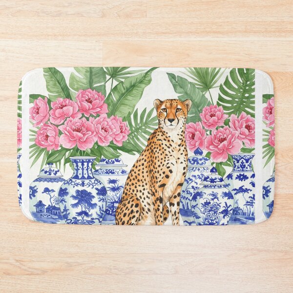 Item preview, Watercolor Cheetah with Blue Porcelain Vases and Floral designed and sold by svarupa.