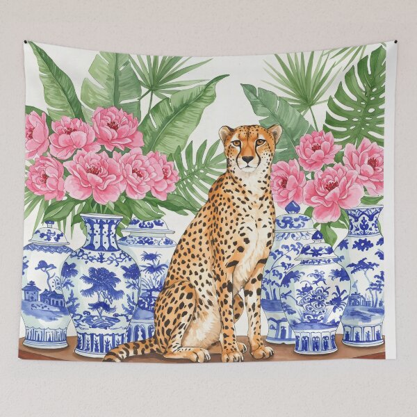 Item preview, Watercolor Cheetah with Blue Porcelain Vases and Floral designed and sold by svarupa.