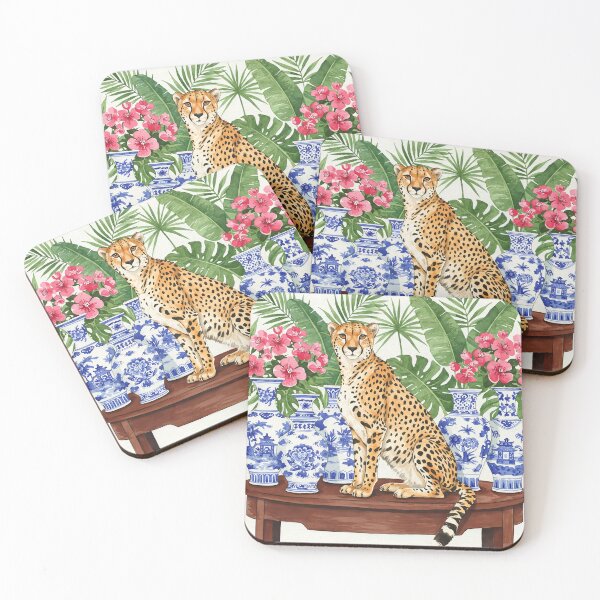 Item preview, Watercolor Cheetah with Blue Porcelain Vases and Floral designed and sold by svarupa.