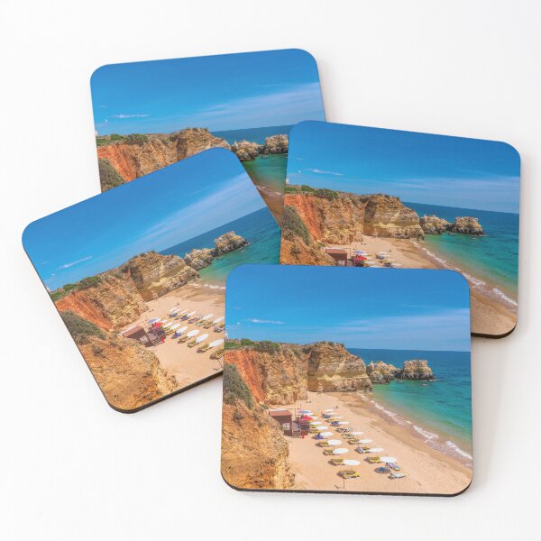 Item preview, Portimao The Algarve Portugal umbrellas sun shades and sun loungers on sandy beach by blue sea and sky designed and sold by acceleratorhams.