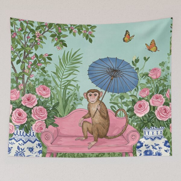 Item preview, Monkey with Parasol in Chinoiserie Garden designed and sold by svarupa.