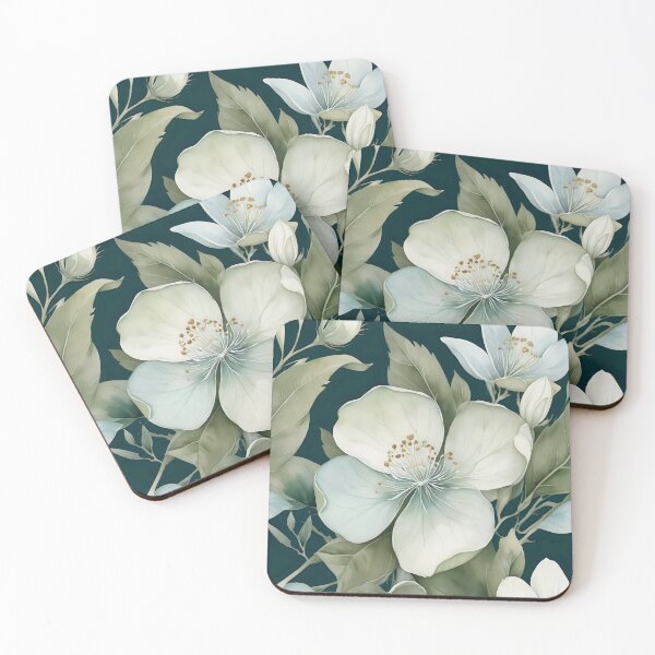 Item preview, White Flowers and Leaves on Dark Background designed and sold by ZanyPaintbrush.