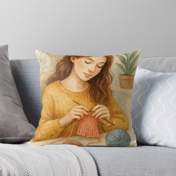 Item preview, Watercolor Girl Knitting with Yarn in Cozy Home designed and sold by Lacritsa .