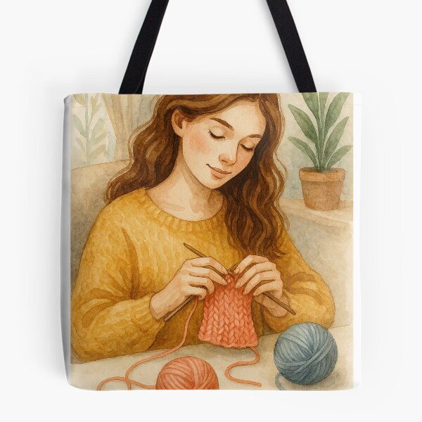 Item preview, Watercolor Girl Knitting with Yarn in Cozy Home designed and sold by Lacritsa .