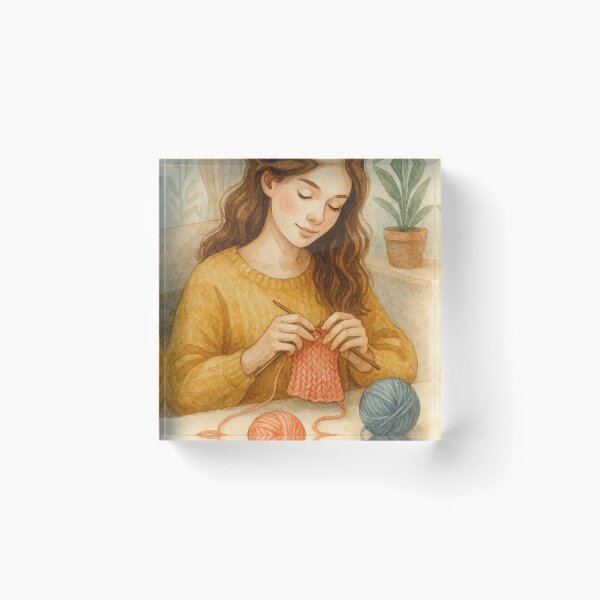Item preview, Watercolor Girl Knitting with Yarn in Cozy Home designed and sold by Lacritsa .