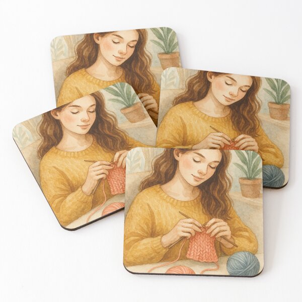 Item preview, Watercolor Girl Knitting with Yarn in Cozy Home designed and sold by Lacritsa .