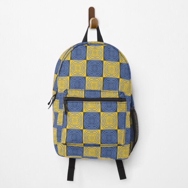 Vista previa del artículo con la obra «Cuadrícula psicodélica de tablero de ajedrez en azul y amarillo», diseñado y vendido por Klock & Bloom.