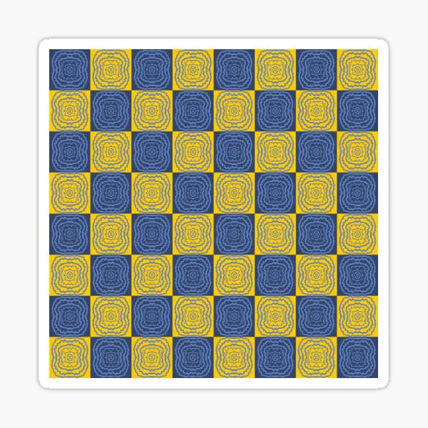 Vista previa del artículo con la obra «Cuadrícula psicodélica de tablero de ajedrez en azul y amarillo», diseñado y vendido por Klock & Bloom.