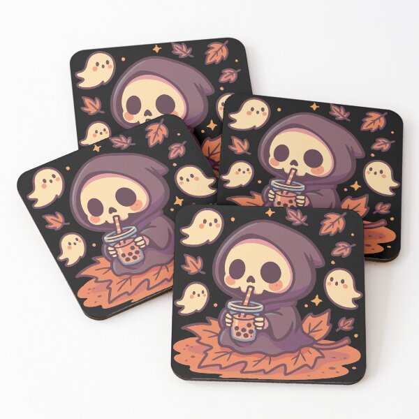 Item preview, Kawaii Death Boba Tea Ghost Fall Leaves designed and sold by TomFrontierArt.
