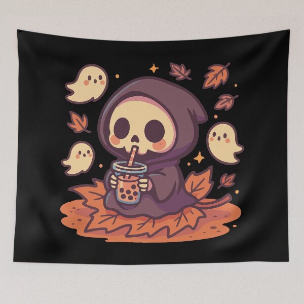 Item preview, Kawaii Death Boba Tea Ghost Fall Leaves designed and sold by TomFrontierArt.