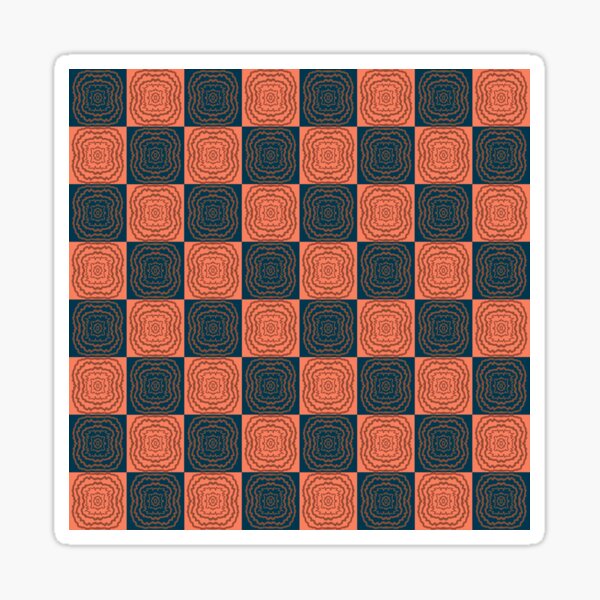 Vista previa del artículo con la obra «Cuadrícula de ajedrez psicodélica en naranja y azul», diseñado y vendido por Klock & Bloom.