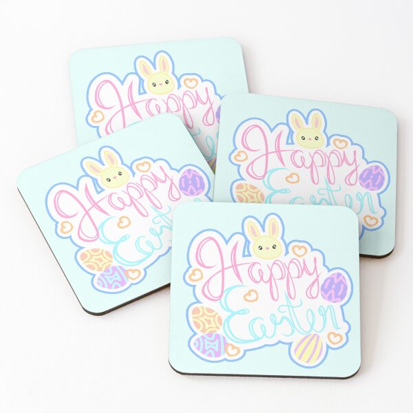 Item preview, A beautiful Easter calligraphy font, in pastel colors, with Easter bunnies, Easter eggs and orange hearts in the background and blue border designed and sold by katecheerycake.