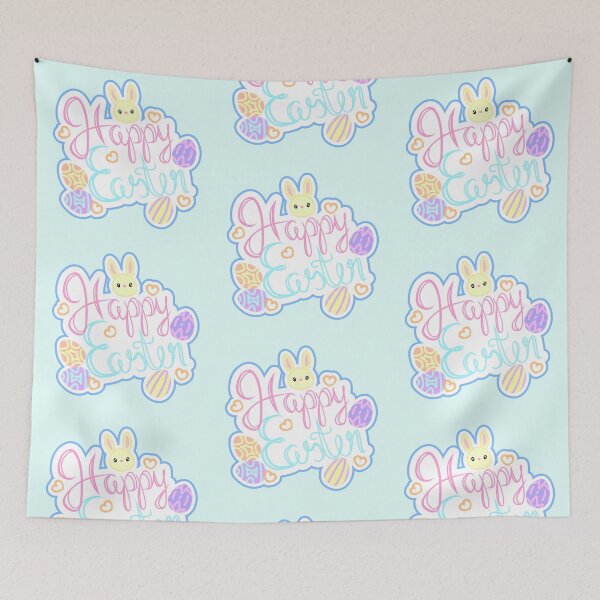 Item preview, A beautiful Easter calligraphy font, in pastel colors, with Easter bunnies, Easter eggs and orange hearts in the background and blue border designed and sold by katecheerycake.