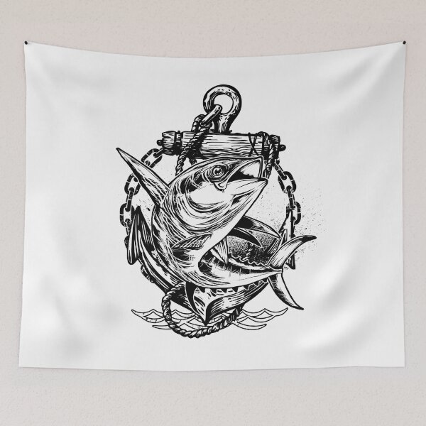 Item preview, Deepwater Hunter: A Striking Monochrome Art Print of a Powerful Tuna and Classic Anchor, Perfect for Fishing Enthusiasts designed and sold by Mustaph-Shop.