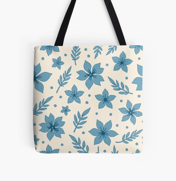 Star Flowers And Leaves Blue Cream Throw Pillow All Over Print Tote Bag