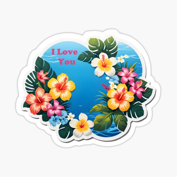Aperçu de l'œuvre Autocollant Ho'oponopono « Je t'aime » avec des fleurs hawaïennes et la mer créée et vendue par ArtemisEutopia.