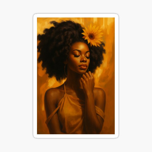 Artikel-Vorschau von Goldene Frau mit Sonnenblume, Afrozentrisches Ölportrait, Natürliche Haarkunst, Melanin Beauty Ästhetik, Warm Orange Wandkunstdruck, designt und verkauft von Design Den.