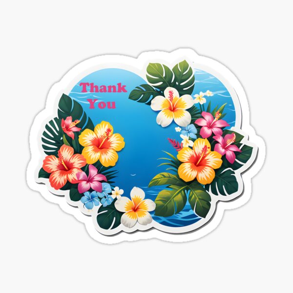 Aperçu de l'œuvre Autocollant de remerciement Ho'oponopono Fleurs hawaïennes et mer créée et vendue par ArtemisEutopia.