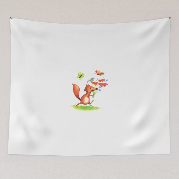 Item preview, Happy Fox Running with a Flower Bouquet and Butterflies – Whimsical Nature Illustration designed and sold by Yellow-Cat.