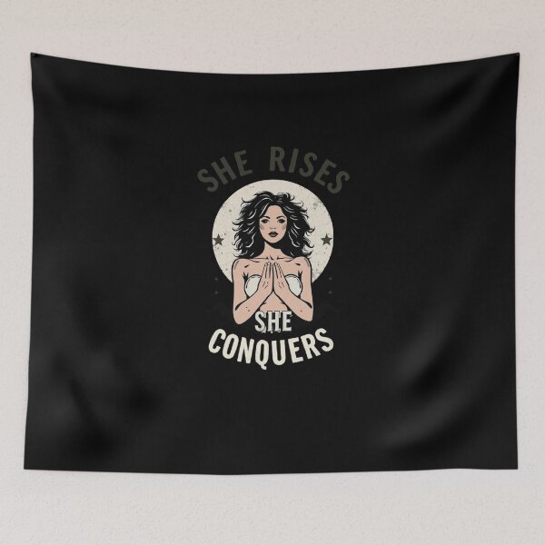 Item preview, She Rises, She Conquers – Bold Retro Feminist Quote designed and sold by AuraMotivate.