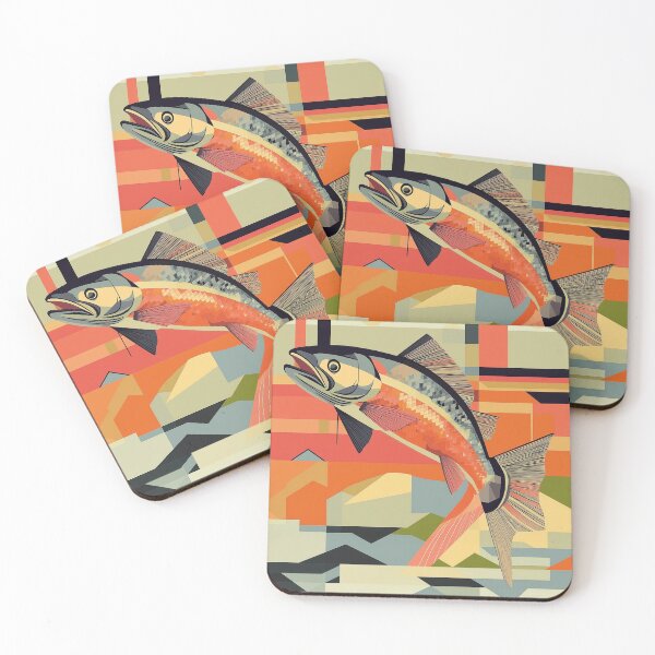 Artikelvorschau, Lachs-Art-Deco-Design | Abstrakte Fischkunst-Serie Nr. 2 | Kunst im Retro-Stil | Geschenk für Angler | Pacific NW Gear Co. entworfen und verkauft von PacificNWGearCo.