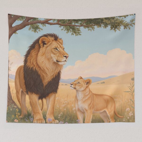 Aperçu de l'œuvre Lion avec bébé dans la steppe créée et vendue par Mauswohn.