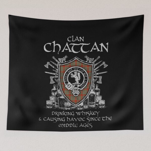 Item preview, Clan Chattan drinking whiskey and causing havoc heritage crest tartan plaid designed and sold by Clan1093.