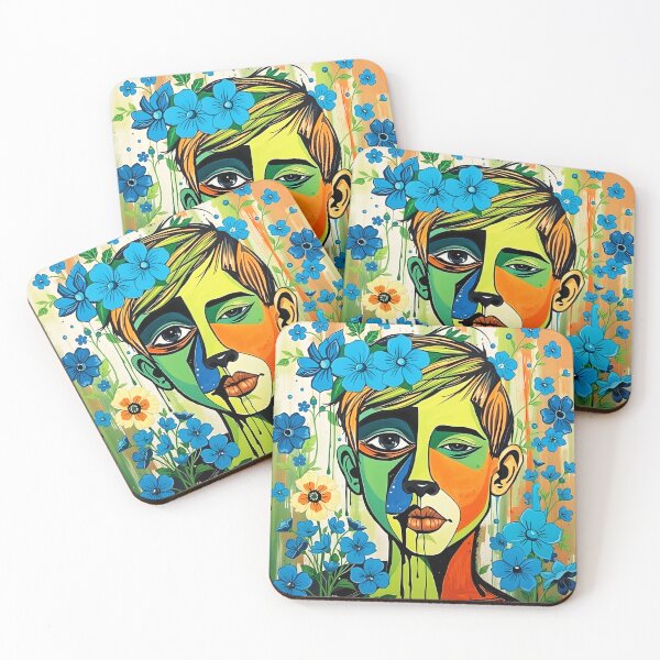 Item preview, Blue Bloom Boy - Artsy watercolor abstract boy portrait with blue florals designed and sold by EmeraldeaArt.