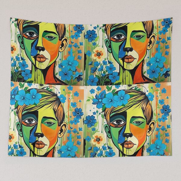 Item preview, Blue Bloom Boy - Artsy watercolor abstract boy portrait with blue florals designed and sold by EmeraldeaArt.