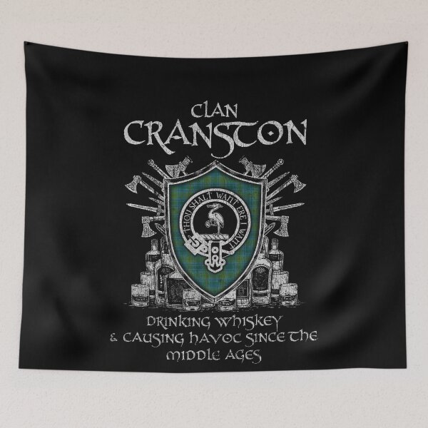 Item preview, Clan Cranston drinking whiskey and causing havoc heritage crest tartan plaid designed and sold by Clan1093.