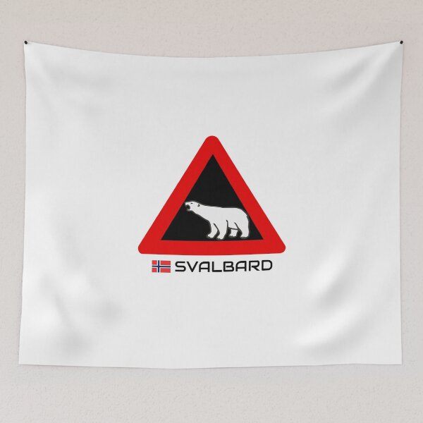 Item preview, Svalbard Polar Bear Crossing Warning Sign Red Blue Norway Flag designed and sold by GraTEEtude.