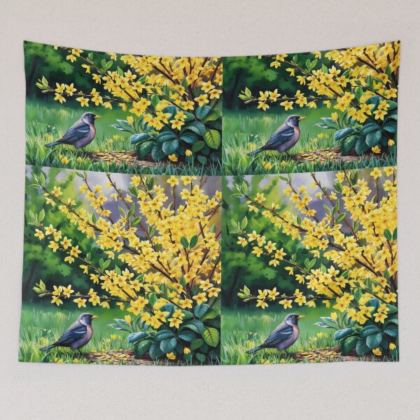 Item preview, Forsythia × intermedia border forsythia shrub bush in yellow bloom and a little bird art designed and sold by EmeraldeaArt.
