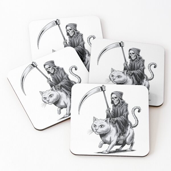Item preview, Grim Reaper Rides Cat – Monochrome Skeleton Art Death Rides A Cat designed and sold by SlocifieShop.