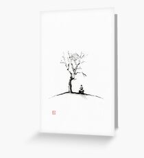 Monk meditating under a sakura tree in moonlight Japanese Zen Sumi-e painting art print Greeting Card