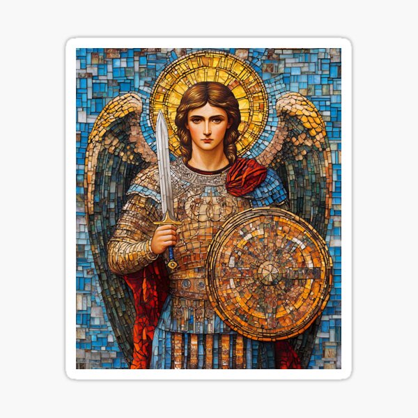 Item preview, Archangel Michael in armor with sword, shield and halo mosaic painting designed and sold by Sacrora.