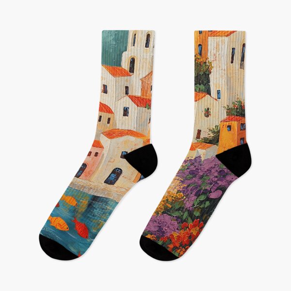 Item preview, Colorful Greek Christian town by the sea with fish and flowers painting designed and sold by Sacrora.