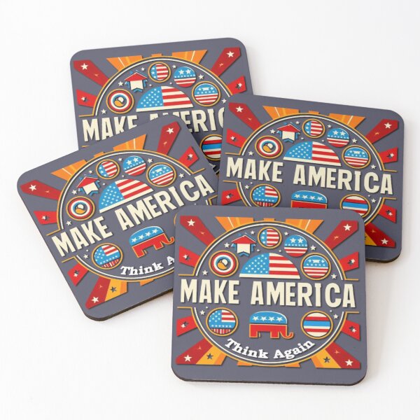 Item preview, Political banner on a round shield opposing Trump's MAGA, with slogan: Make America think again designed and sold by JaroDesign2023.