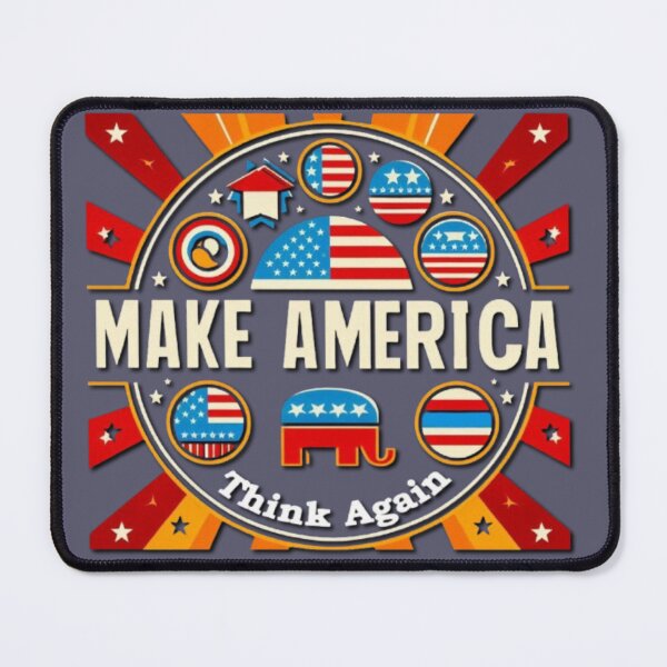 Item preview, Political banner on a round shield opposing Trump's MAGA, with slogan: Make America think again designed and sold by JaroDesign2023.