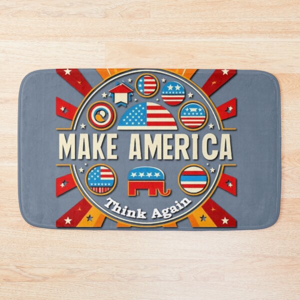 Item preview, Political banner on a round shield opposing Trump's MAGA, with slogan: Make America think again designed and sold by JaroDesign2023.