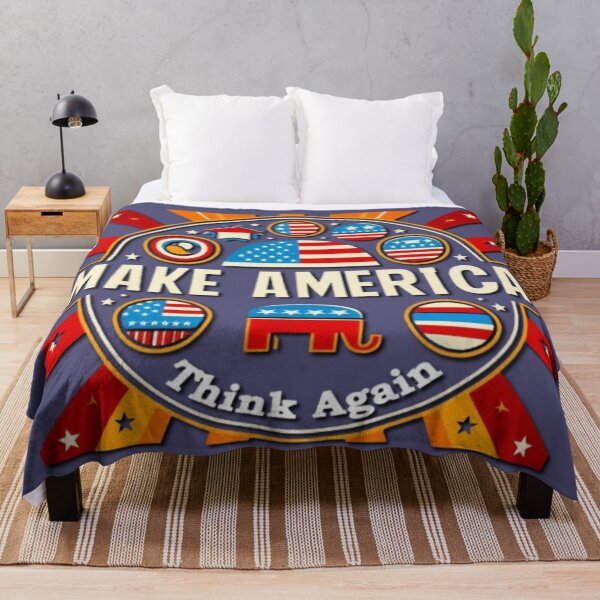 Item preview, Political banner on a round shield opposing Trump's MAGA, with slogan: Make America think again designed and sold by JaroDesign2023.