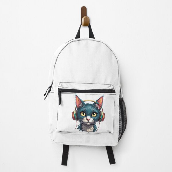 Item preview, Futuristic Cat with Headphones – Vibrant Blue and White Cartoon Cat on Black Background designed and sold by Arte Zen.