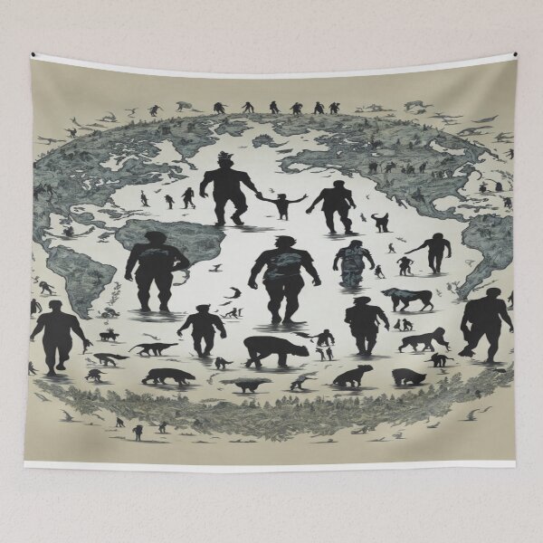 Item preview, Creative Design with Different Human and Animal Silhouettes Wandering on an older Earth designed and sold by GenArtHaven.
