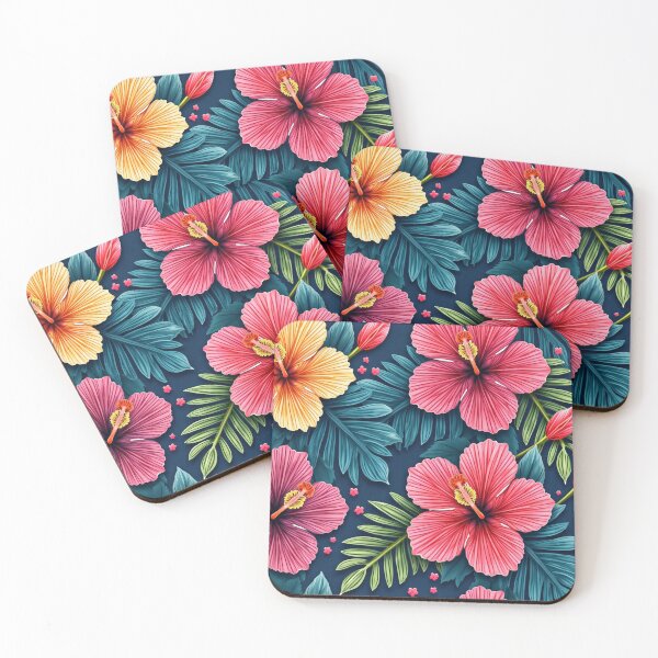 Item preview, Tropical Floral Pattern – Vibrant Hibiscus Flowers and Lush Green Leaves on Dark Background designed and sold by Arte Zen.