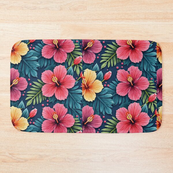 Item preview, Tropical Floral Pattern – Vibrant Hibiscus Flowers and Lush Green Leaves on Dark Background designed and sold by Arte Zen.