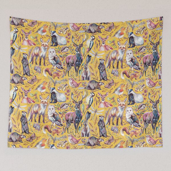 Item preview, woodland wildlife pattern - mustard yellow colour way designed and sold by MeganRoseArt.